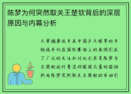陈梦为何突然取关王楚钦背后的深层原因与内幕分析