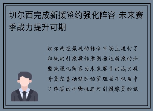 切尔西完成新援签约强化阵容 未来赛季战力提升可期